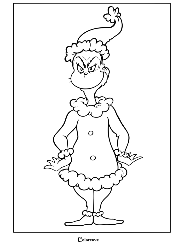 Dibujo para colorear imprimible gratis de El Grinch con traje y gorro de Papá Noel, de pie con el ceño fruncido.