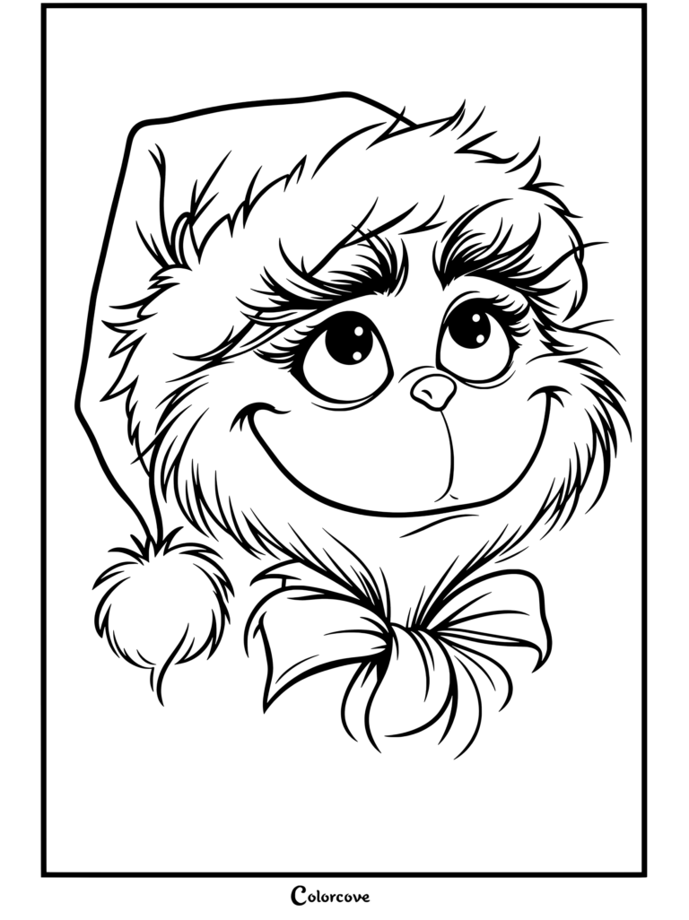 Dibujo para colorear imprimible de El Grinch con gorro de Papá Noel y lazo rojo mirando hacia arriba con expresión burlona