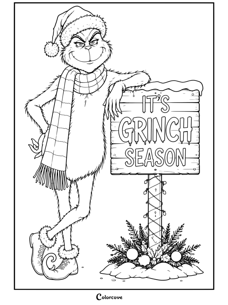 The Grinch leans casually against a snow-covered wooden sign surrounded by holiday foliage.
