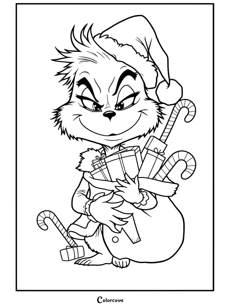 Dibujo para colorear para niños y adultos de El Grinch con gorro y traje de Papá Noel, sosteniendo un saco rojo lleno de regalos y bastones de caramelo con una sonrisa pícara.