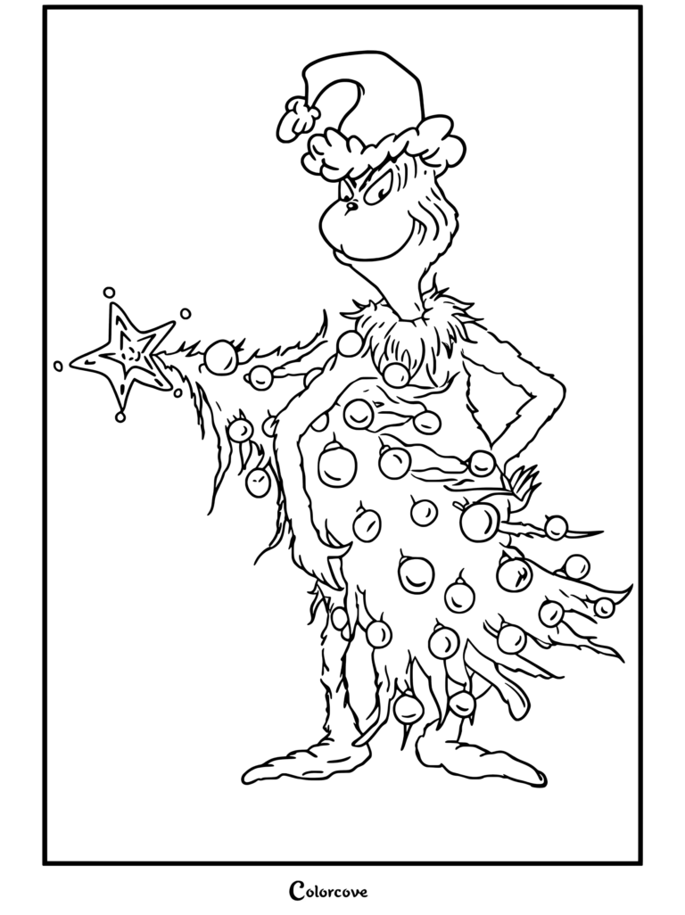 The Grinch wears a Santa hat and carries a decorated Christmas tree.