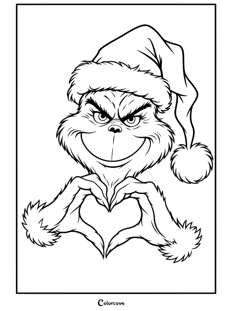 Dibujo para colorear imprimible gratis de El Grinch con gorro de Papá Noel formando un corazón con las manos y una sonrisa de satisfacción.
