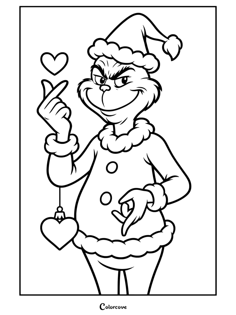Dibujo para colorear de El Grinch con traje de Papá Noel haciendo el gesto del corazón con los dedos y sosteniendo un adorno en forma de corazón