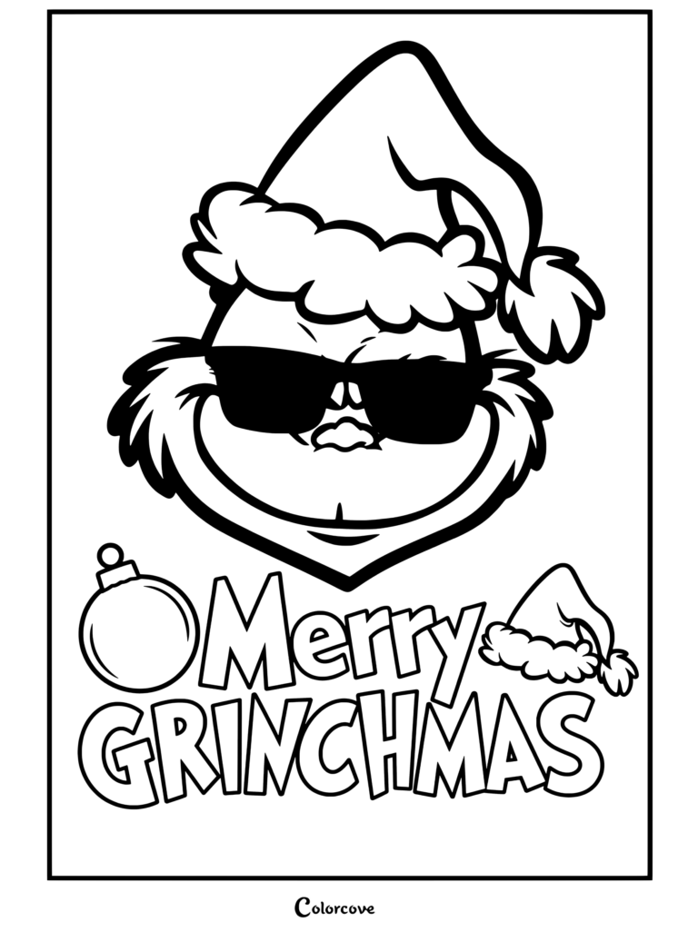 Dibujo para colorear imprimible de El Grinch con gafas de sol y gorro de Papá Noel, acompañado del texto Feliz Grinchnavidad y un adorno navideño.