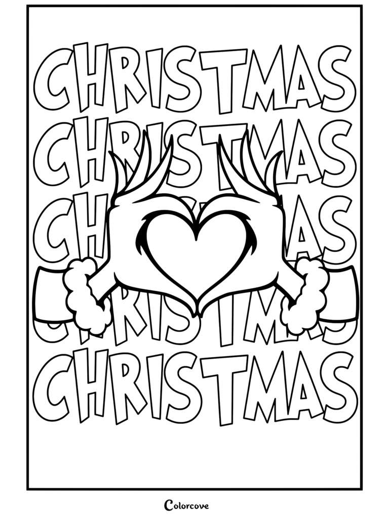 Dibujo para colorear terminado de las manos de El Grinch formando un corazón sobre un fondo con texto navideño repetido