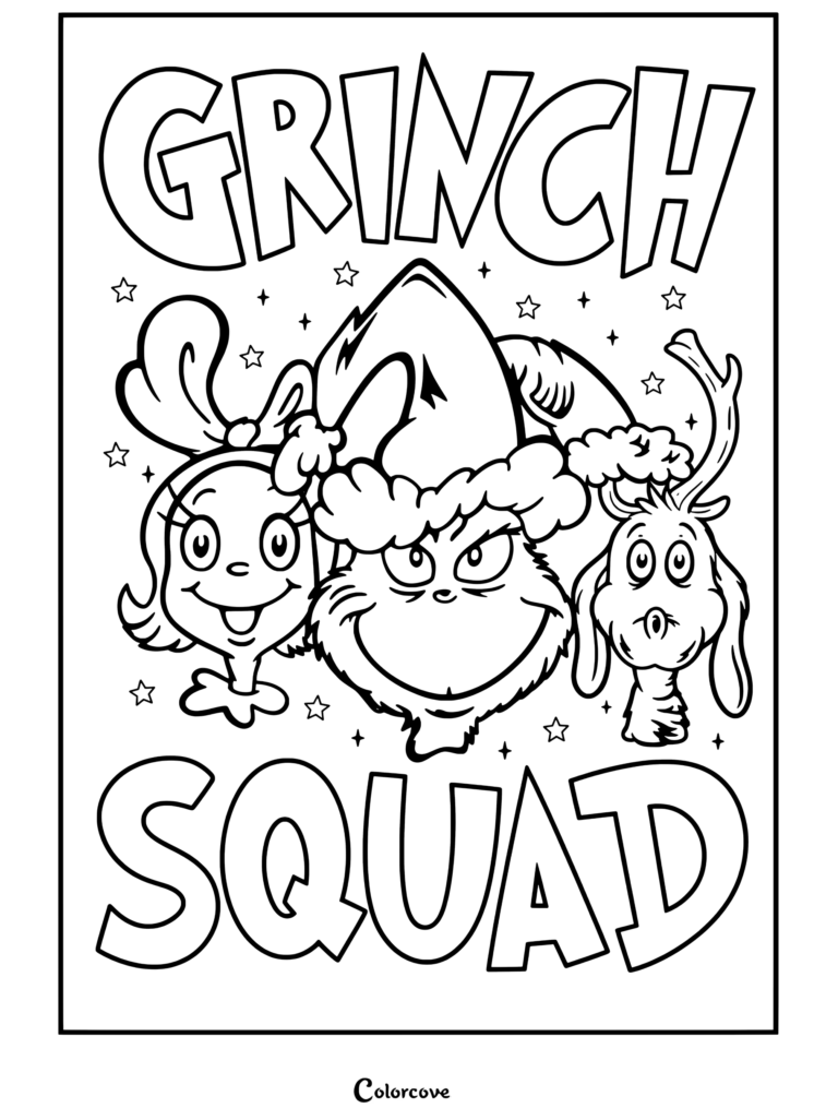 Dibujo para colorear terminado del grupo navideño de El Grinch con Cindy Lou Quién y Max con gorros de Papá Noel