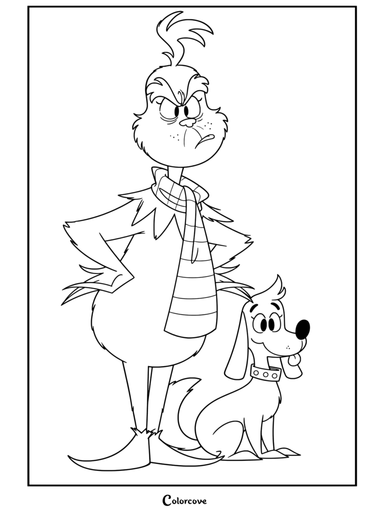Dibujo para colorear terminado de El Grinch de pie con las manos en las caderas y bufanda a rayas rosas junto a Max el perro con collar rosa