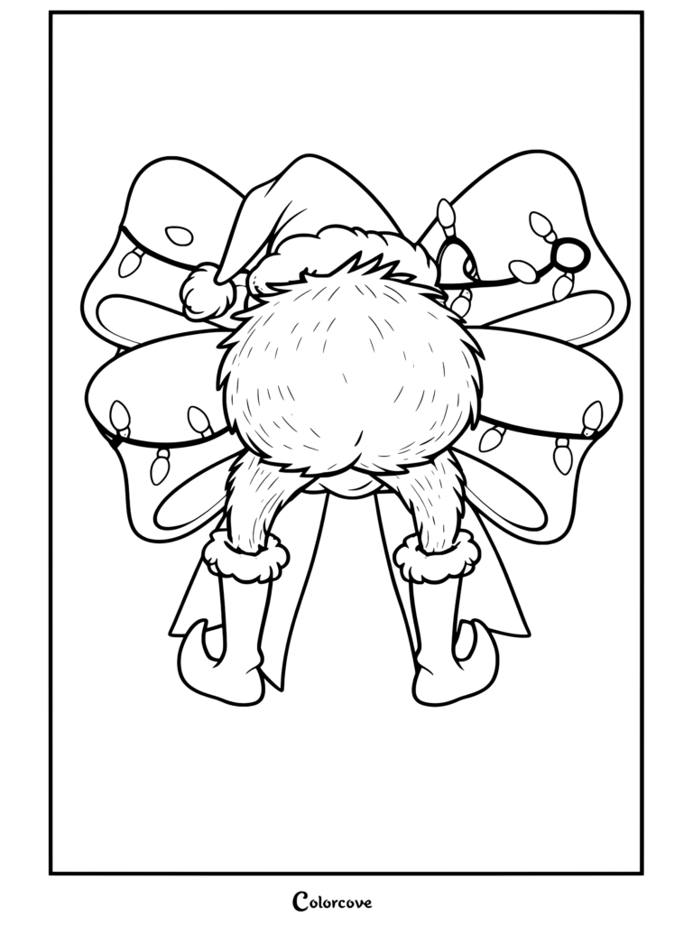 Dibujo para colorear imprimible de El Grinch atascado del revés en un gran lazo navideño verde, con gorro de Papá Noel y botas rojas.