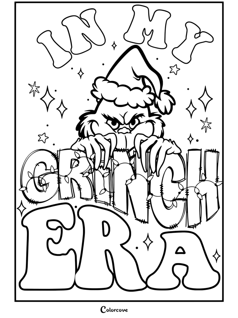 Dibujo para colorear gráfico para niños y fans de El Grinch con El Grinch llevando gorro rosa de Papá Noel y asomándose tras el texto verde «in my grinch era».