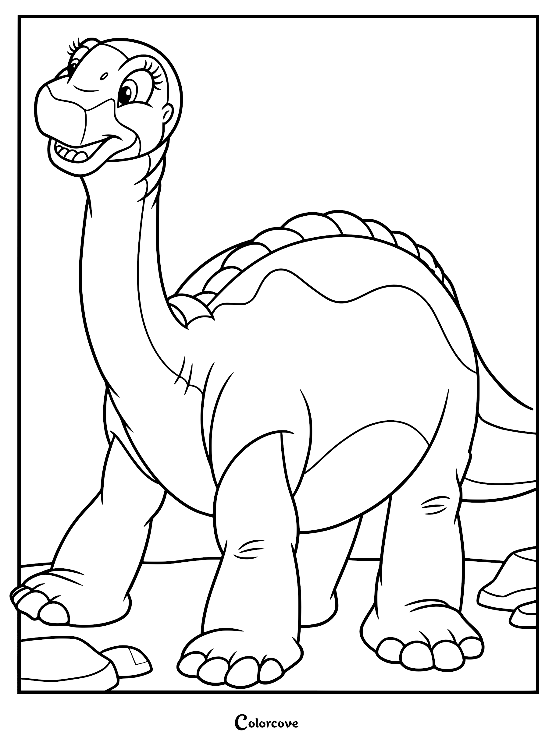 A printable coloring page featuring Ali, a friendly Apatosaurus longneck dinosaur with large eyelashes and a gentle smile, standing on rocky ground.