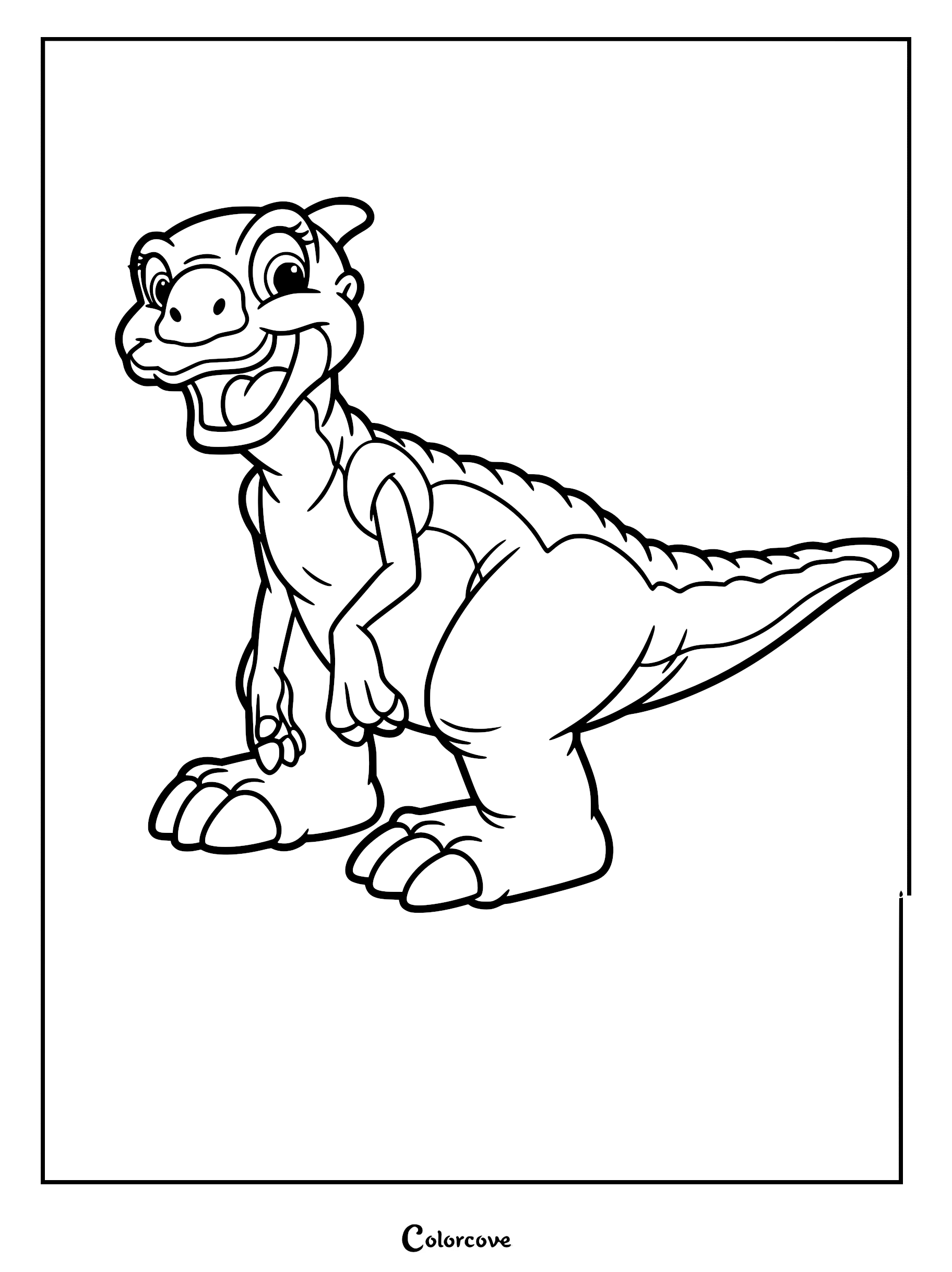 A printable coloring page of Ducky, the cheerful Saurolophus from The Land Before Time, standing with a wide, happy smile.