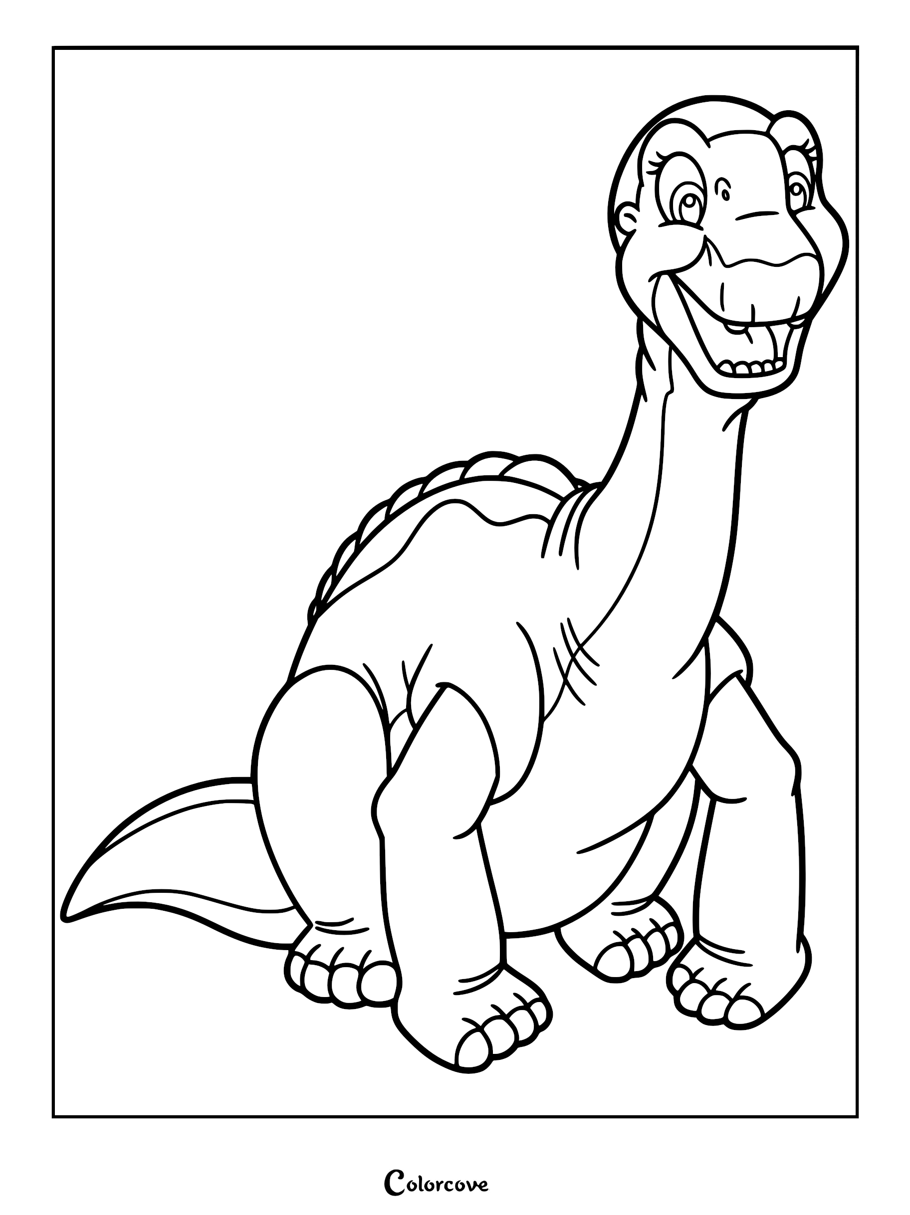 Littlefoot the Apatosaurus from The Land Before Time in a happy sitting pose, clean black and white line art coloring page.