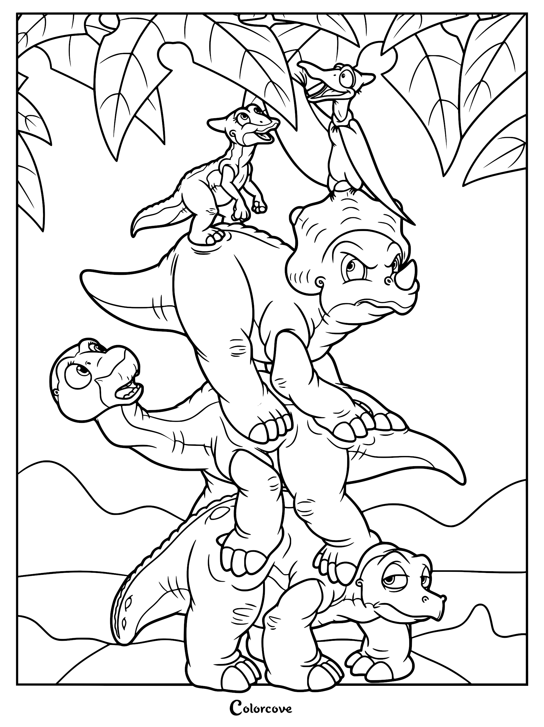 A printable coloring page featuring Littlefoot, Cera, Ducky, Petrie, and Spike in a playful tower formation under large jungle leaves.