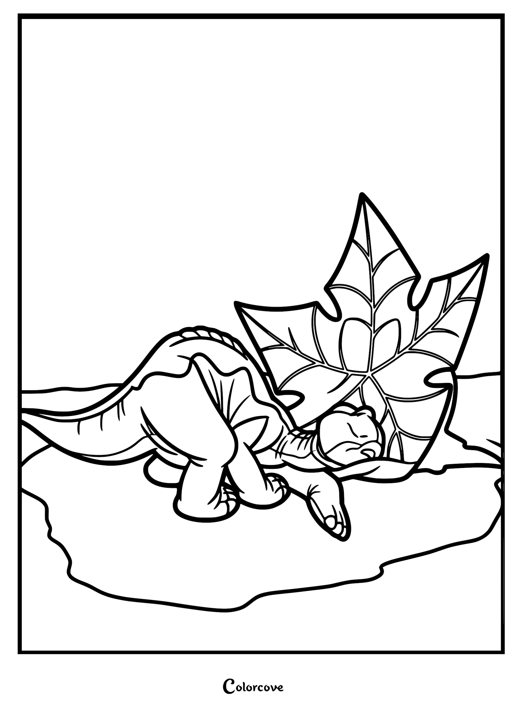 A printable coloring page of Littlefoot from The Land Before Time peacefully curled up and sleeping against a large, leaf-shaped tree star.