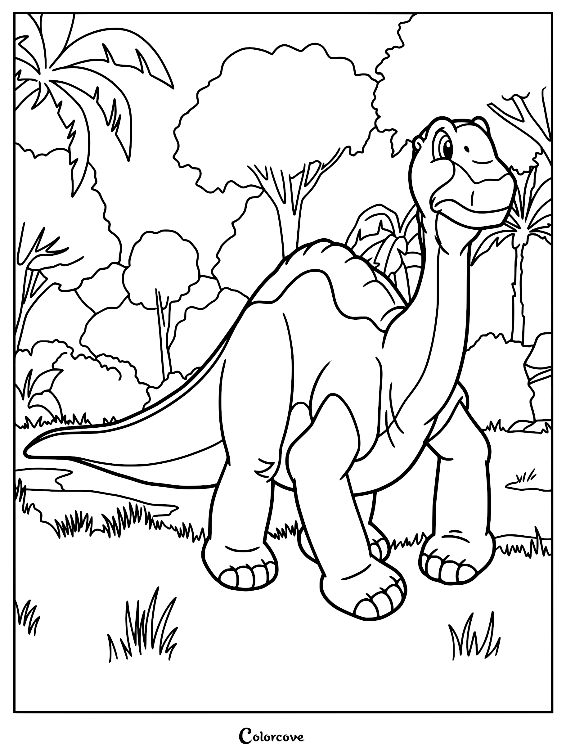 A detailed coloring page of Littlefoot the Apatosaurus from The Land Before Time standing in a lush prehistoric jungle with palm trees.