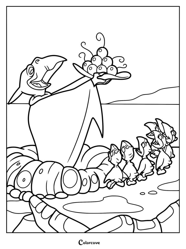A printable coloring page featuring a Pteranodon mother holding a cluster of tree-star berries to feed her group of excited baby Pteranodons in their nest.