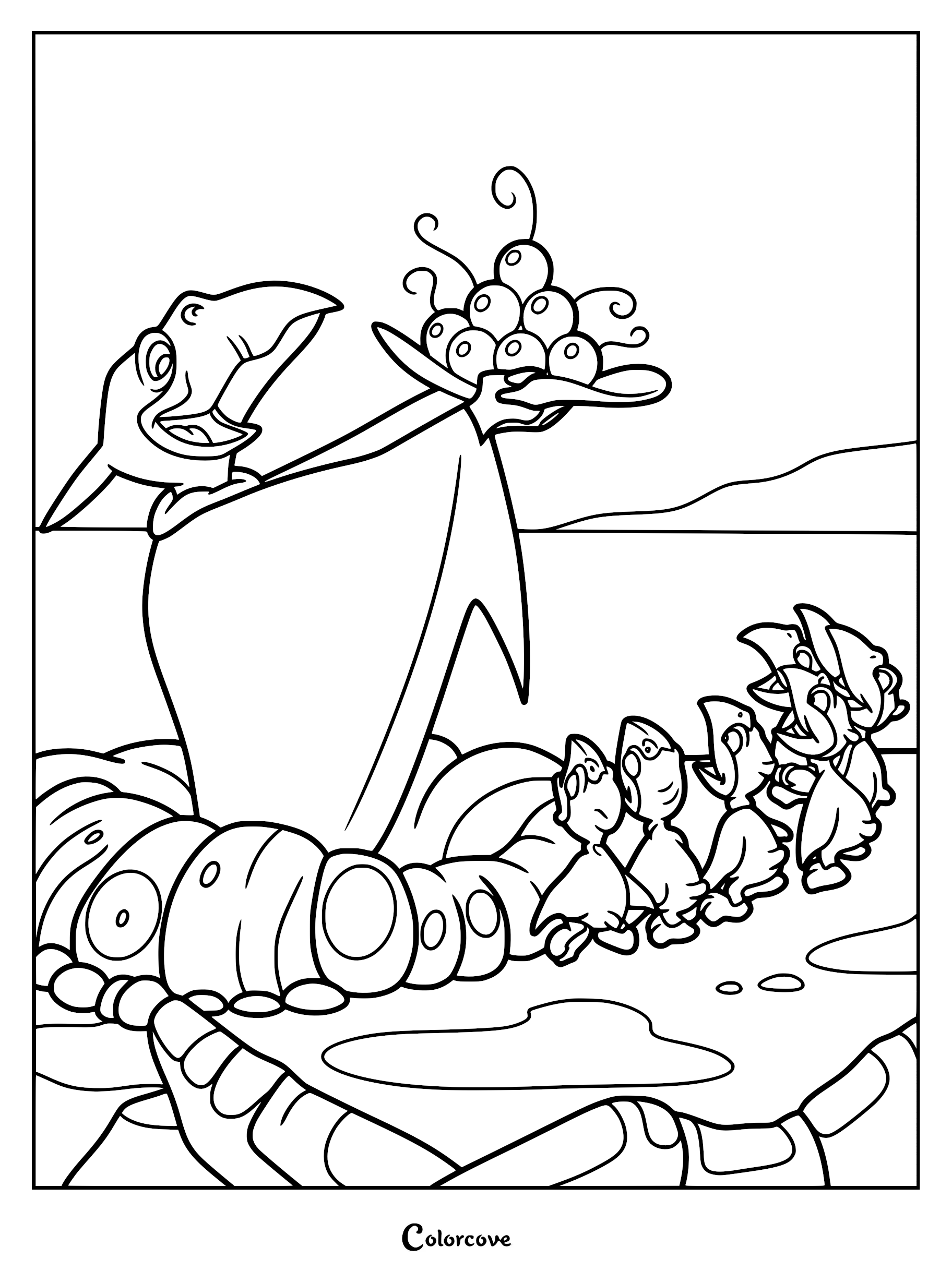 A printable coloring page featuring a Pteranodon mother holding a cluster of tree-star berries to feed her group of excited baby Pteranodons in their nest.
