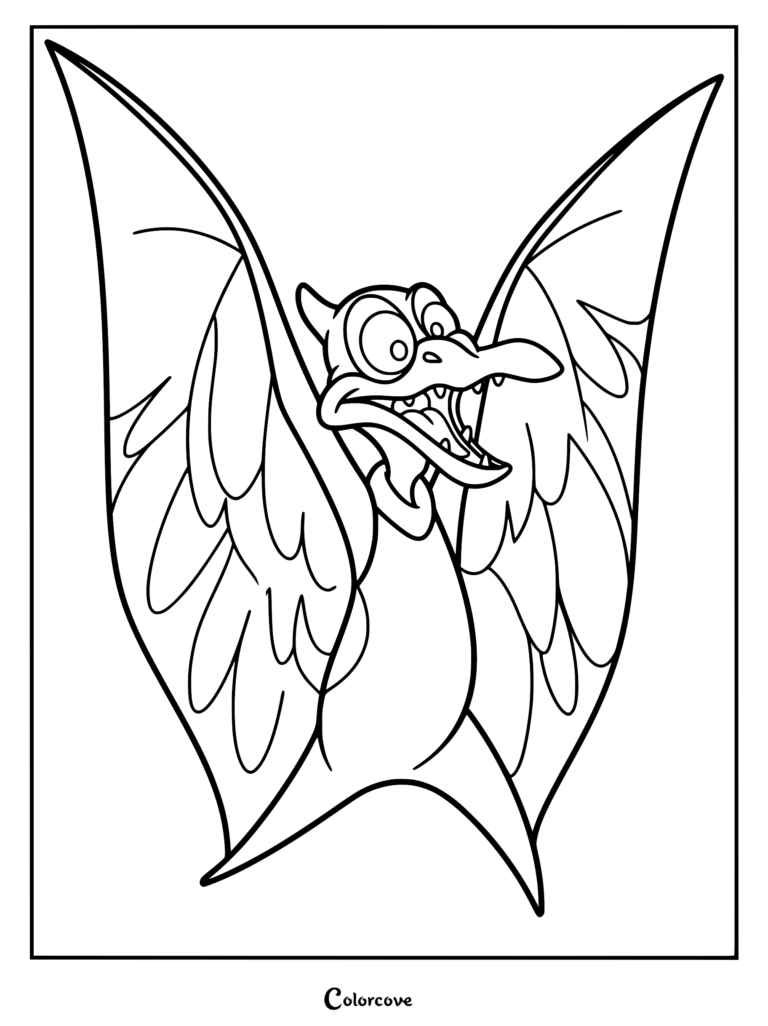 Petrie the Pteranodon from The Land Before Time with wide eyes and open mouth, detailed line art coloring page for kids.