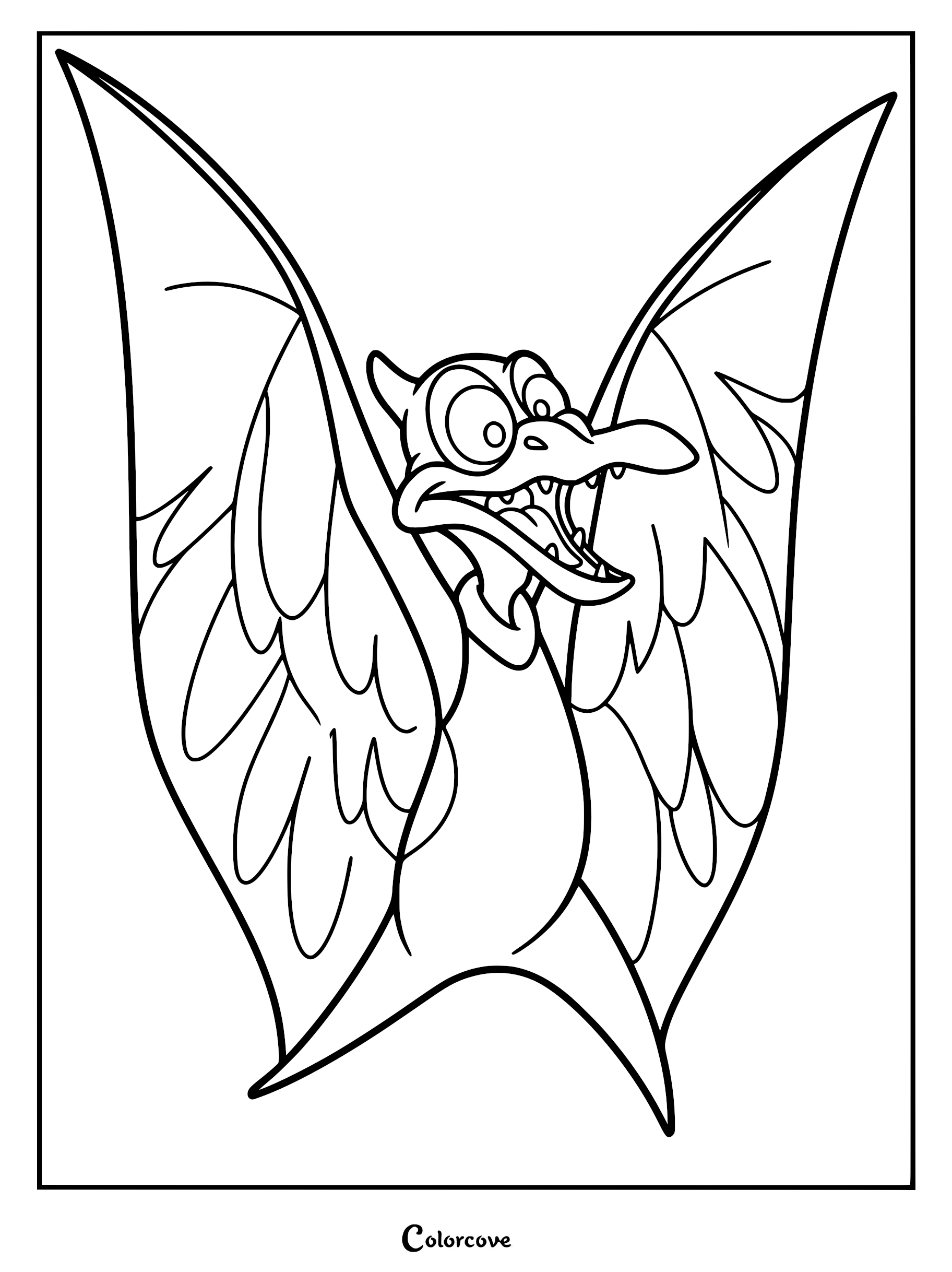 Petrie the Pteranodon from The Land Before Time with wide eyes and open mouth, detailed line art coloring page for kids.