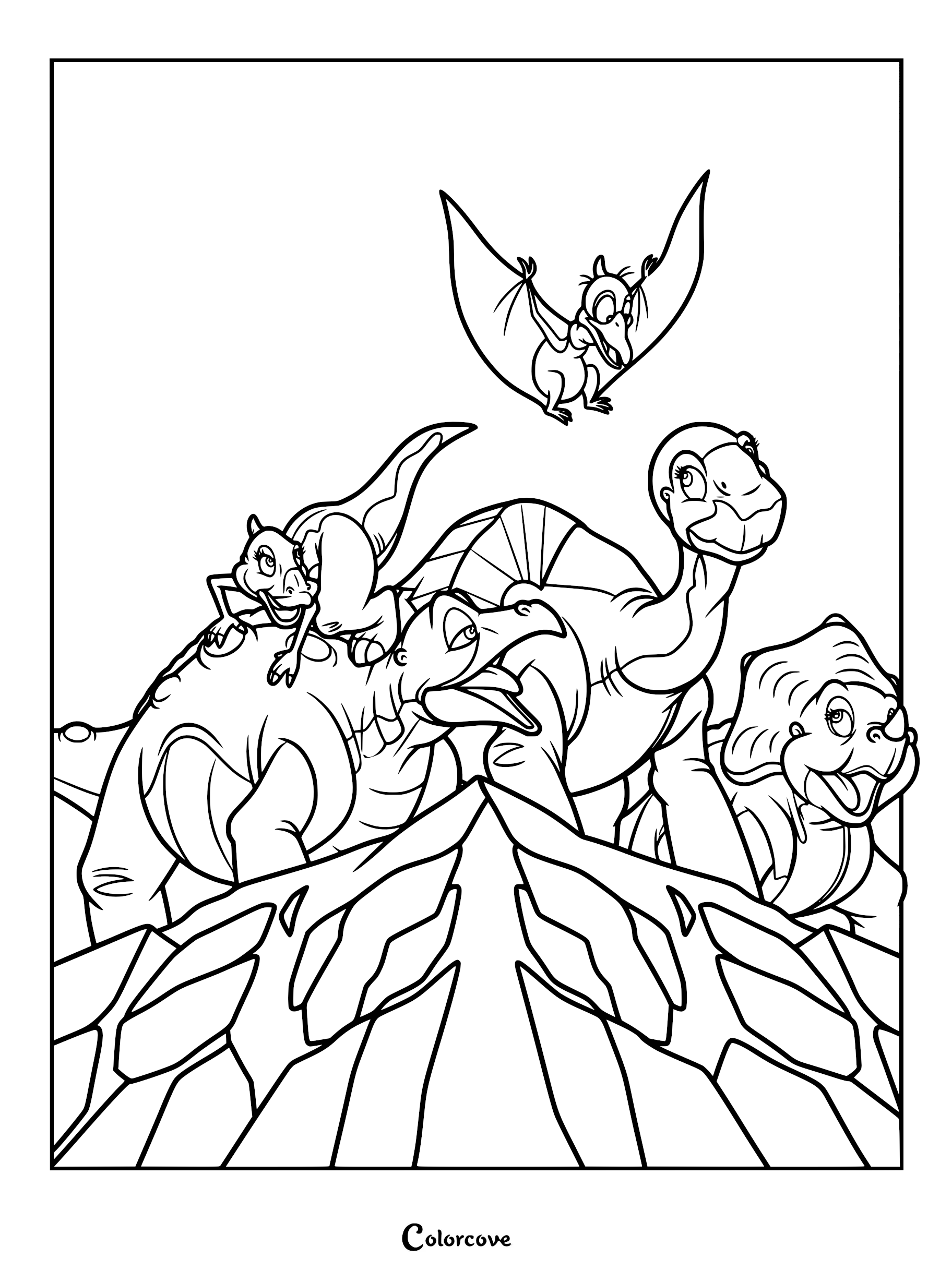 Printable coloring page featuring Littlefoot, Cera, Ducky, Spike, and Petrie from The Land Before Time gathered together on a rocky cliff.