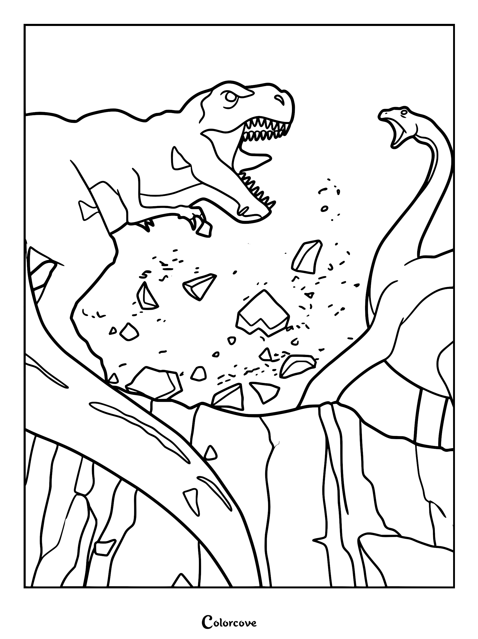 Sharptooth the T-Rex fighting Littlefoot's mother Apatosaurus on a rocky cliffside, printable line art coloring page for kids.