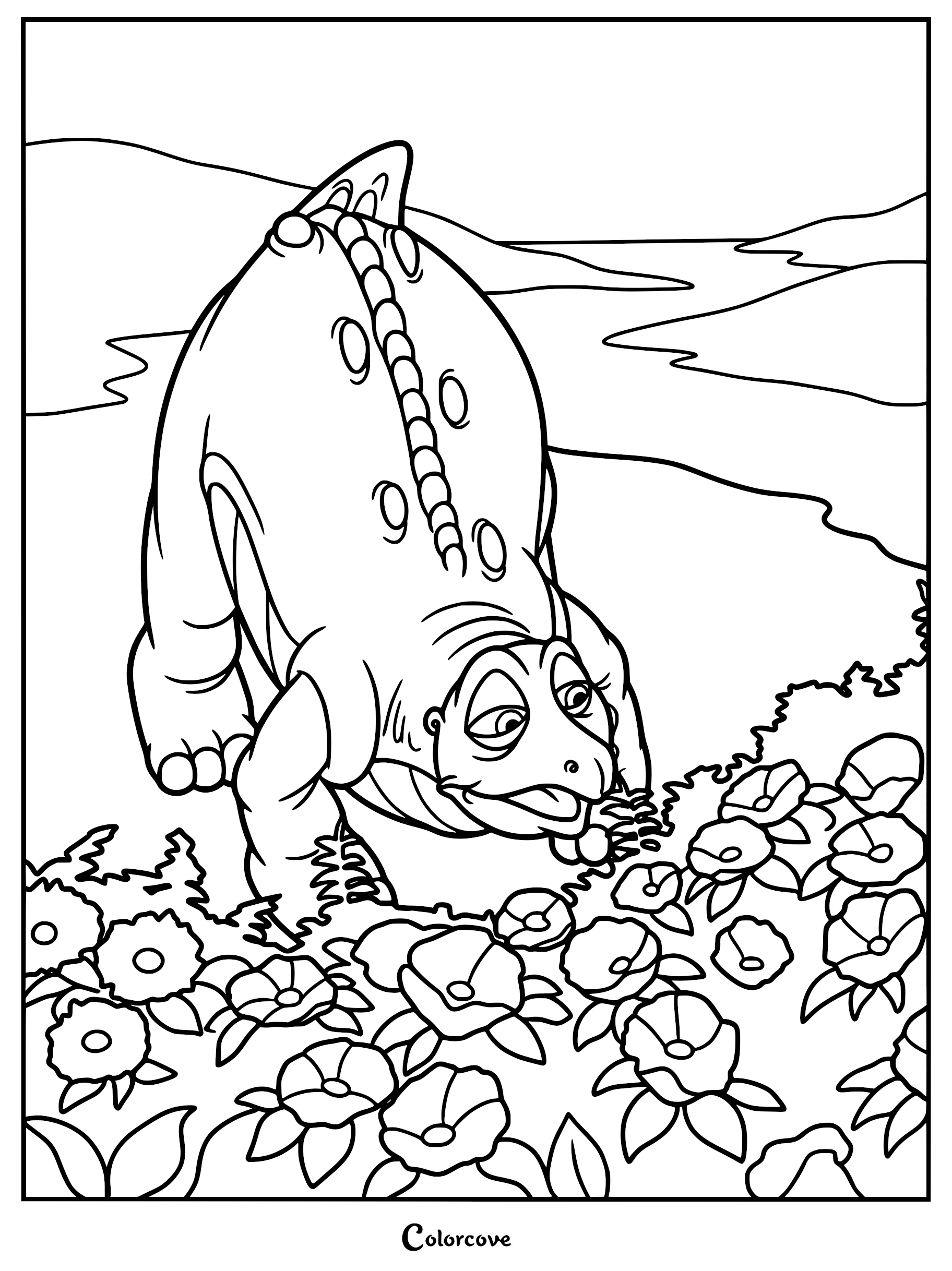 Spike the Stegosaurus from The Land Before Time eating a patch of flowers in a coloring page style line art.