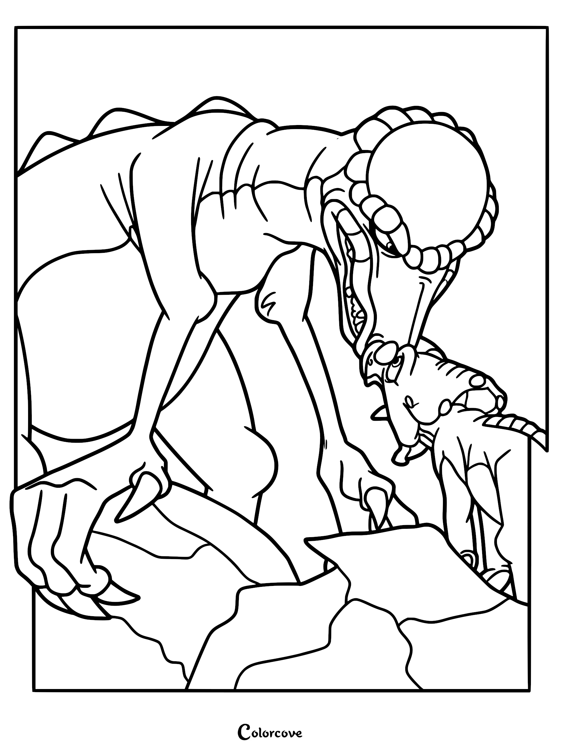 A printable coloring page featuring the Pachycephalosaurus Bonehead leaning down to playfully butt heads with Cera, the young Triceratops, with clear black outlines.