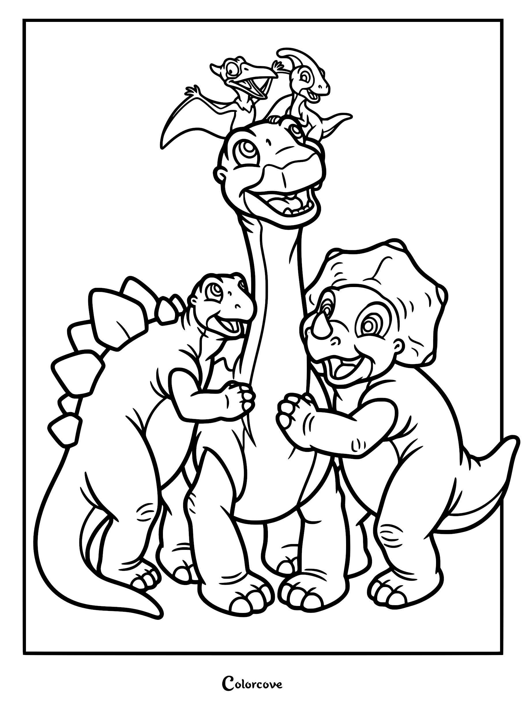 A printable coloring page featuring Littlefoot, Cera, Spike, Ducky, and Petrie standing together as friends.