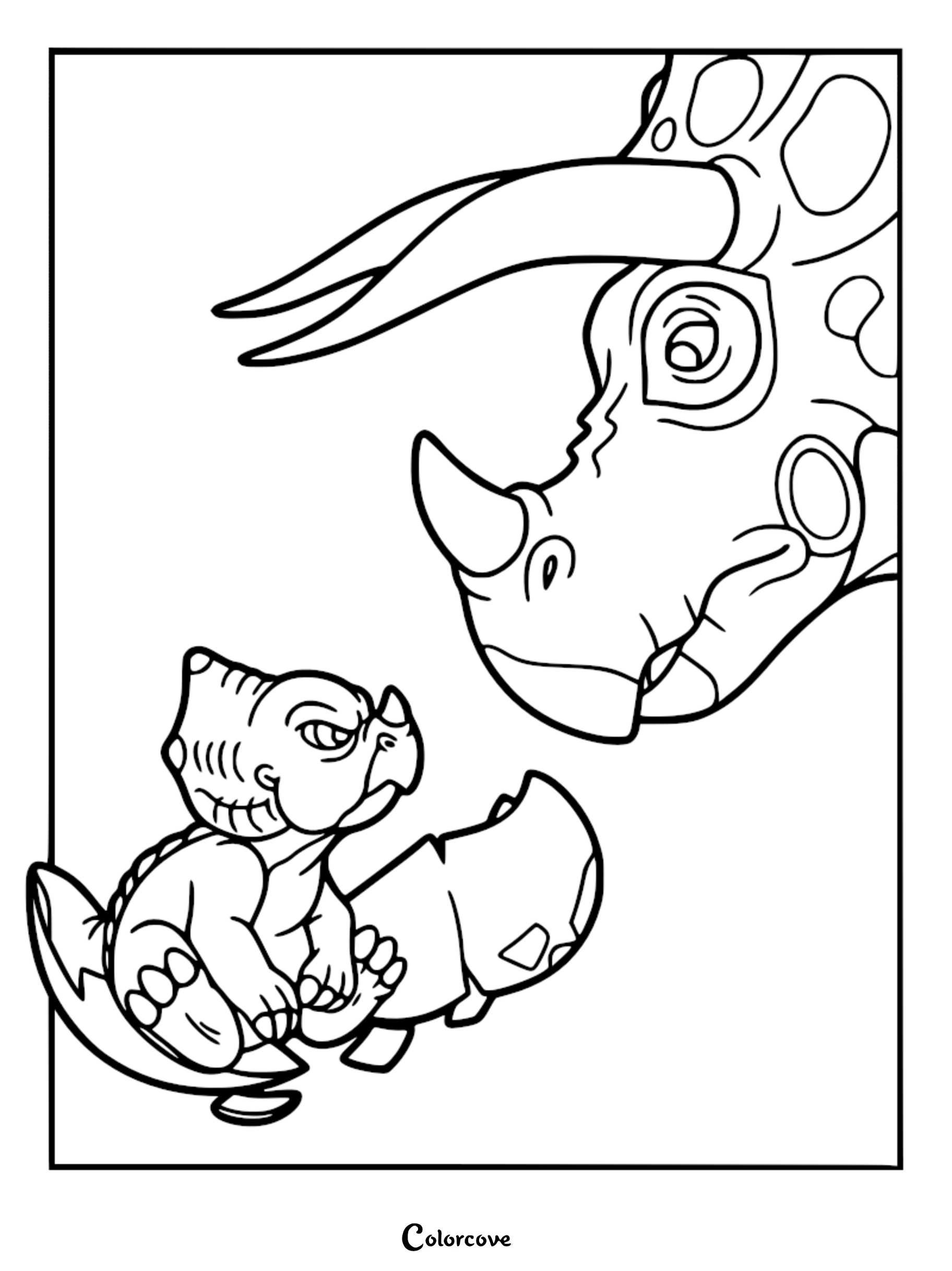 Baby Cera sitting inside a cracked dinosaur egg and looking up at her father Daddy Topps, a protective adult Triceratops, in this printable line art coloring page.