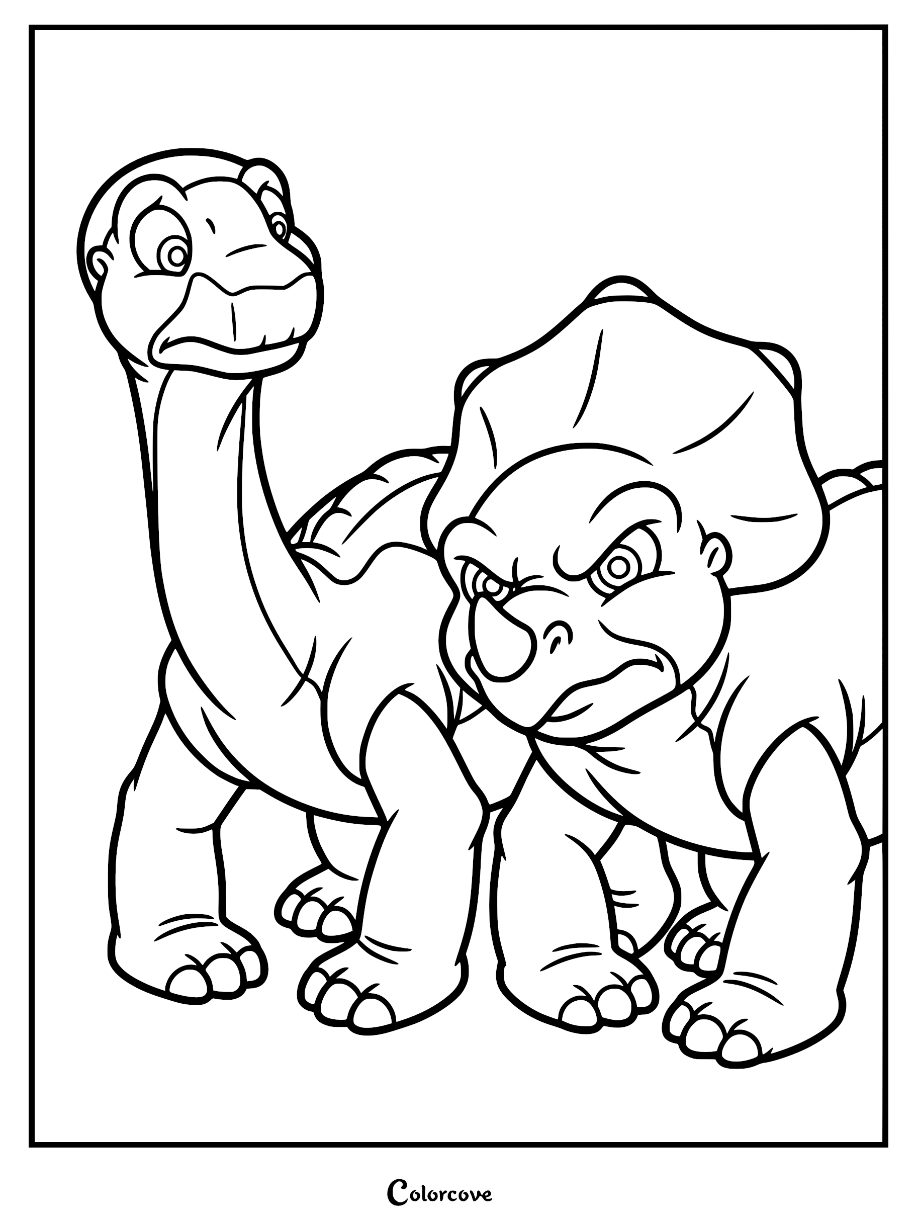 A black and white printable coloring page featuring Littlefoot the Apatosaurus and Cera the Triceratops standing side by side with expressive faces.