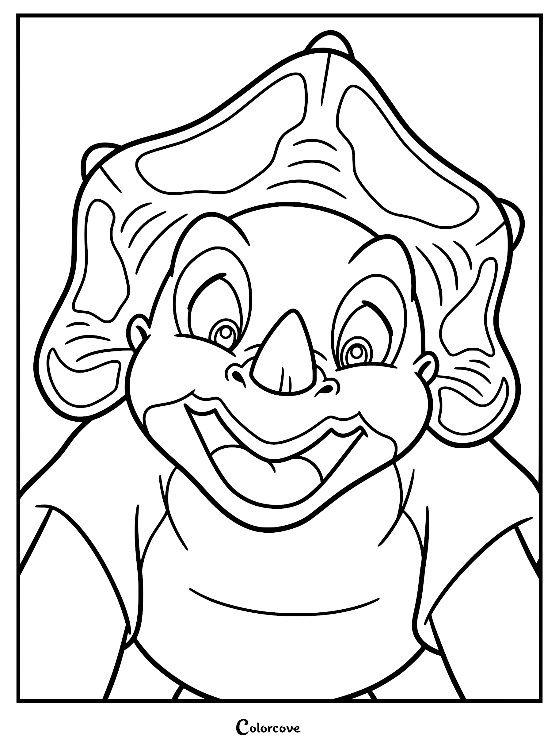 A printable coloring page featuring a close-up, front-facing portrait of Cera, the young Triceratops from The Land Before Time, showing her frill and distinct facial features.