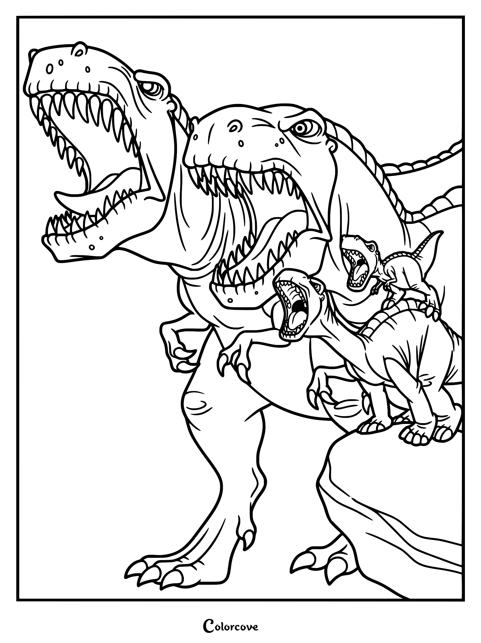 A printable coloring page featuring Chomper standing beside his two large Tyrannosaurus Rex parents, all with their mouths open in a roar while standing on a rocky outcrop.