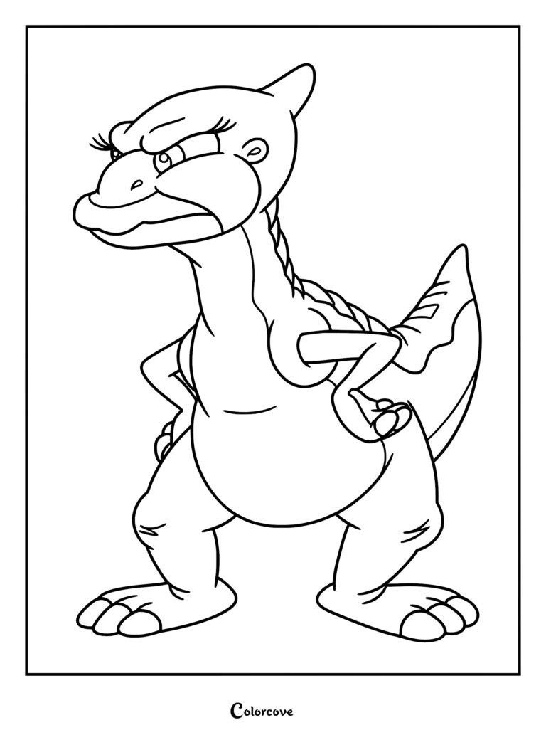A printable coloring page featuring Cera, the stubborn Triceratops from The Land Before Time, standing with her hands on her hips and an angry expression.