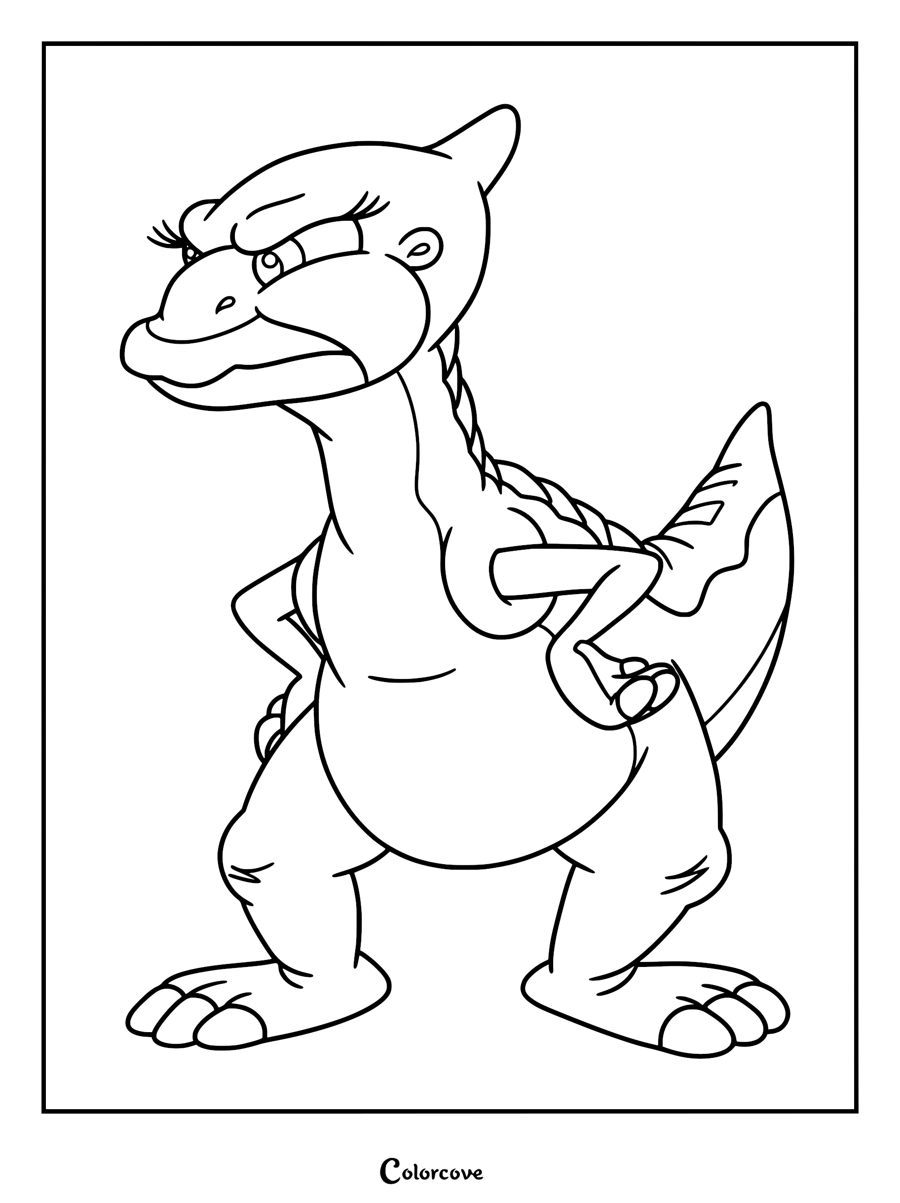 A printable coloring page featuring Cera, the stubborn Triceratops from The Land Before Time, standing with her hands on her hips and an angry expression.