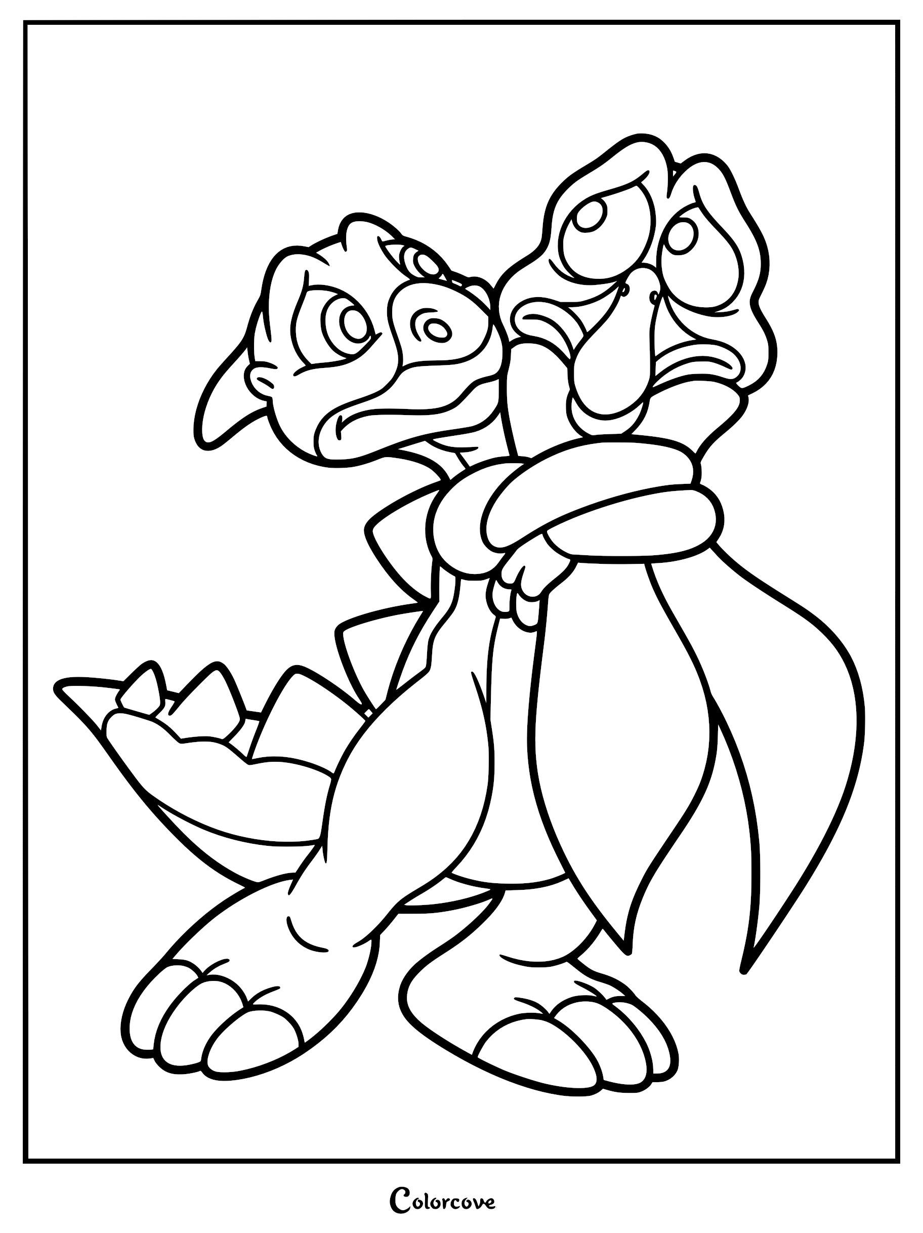 Ducky the Saurolophus hugging a nervous Petrie the Pteranodon, available as a printable coloring page.