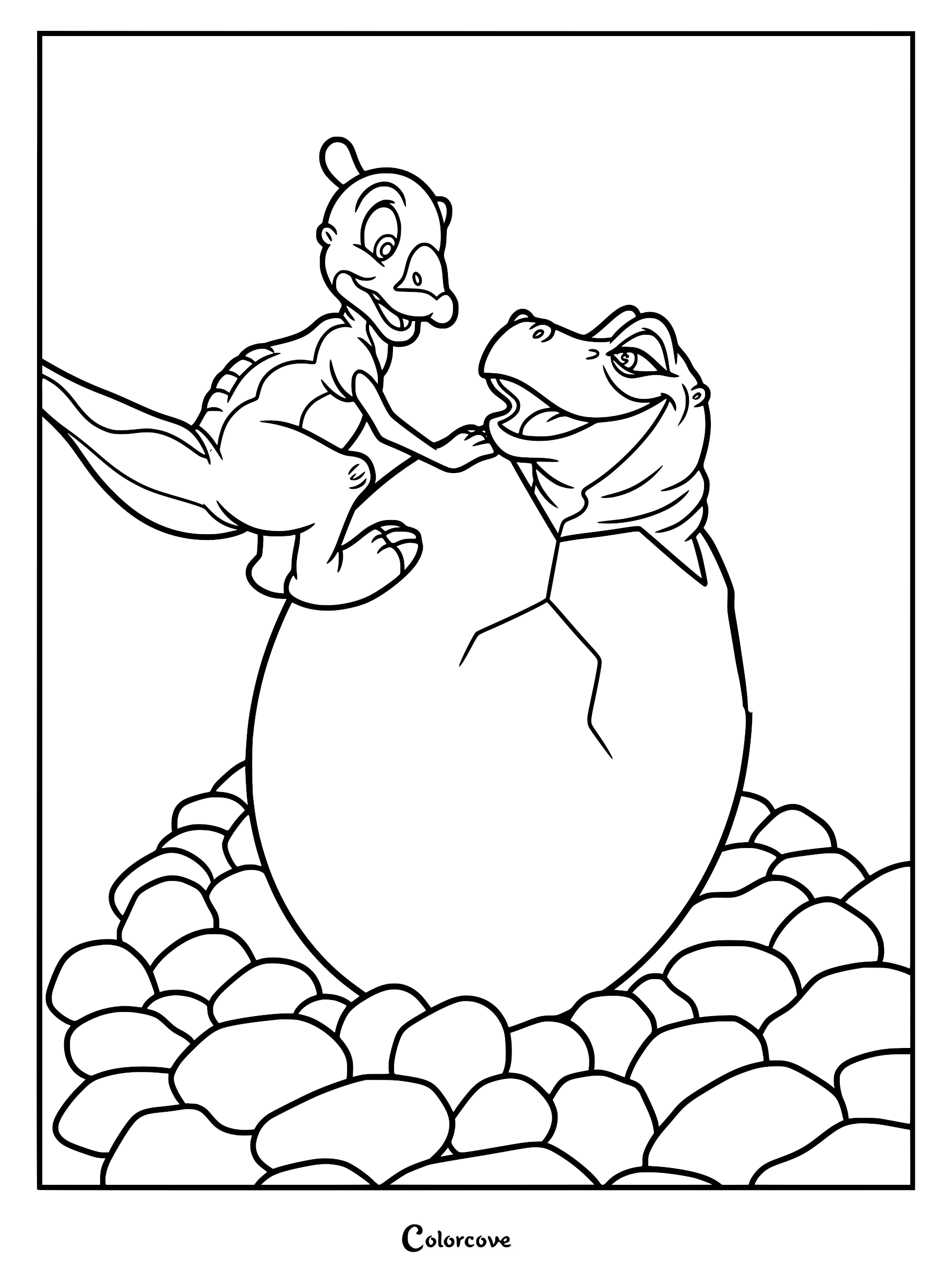 Ducky the Saurolophus leaning over a cracked egg to greet a baby Spike the Stegosaurus in this printable coloring page.