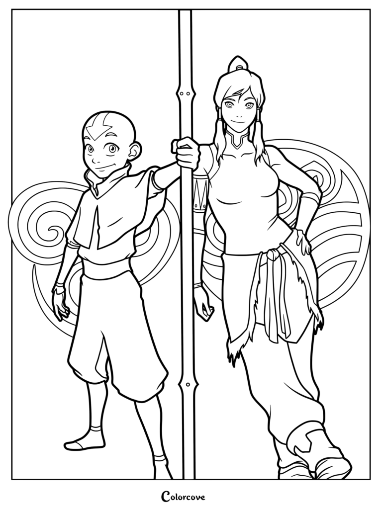 Aang and Korra standing together with a staff in this printable coloring page featuring the two Avatars.