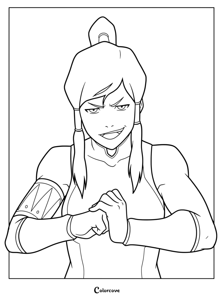 Korra in a fighting stance with clenched fists, a determined expression, and her signature arm guard in this detailed coloring page.