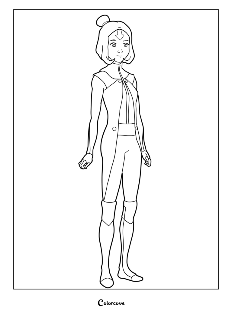 Jinora standing in her Air Nomad outfit, a printable coloring page featuring the young airbending master.