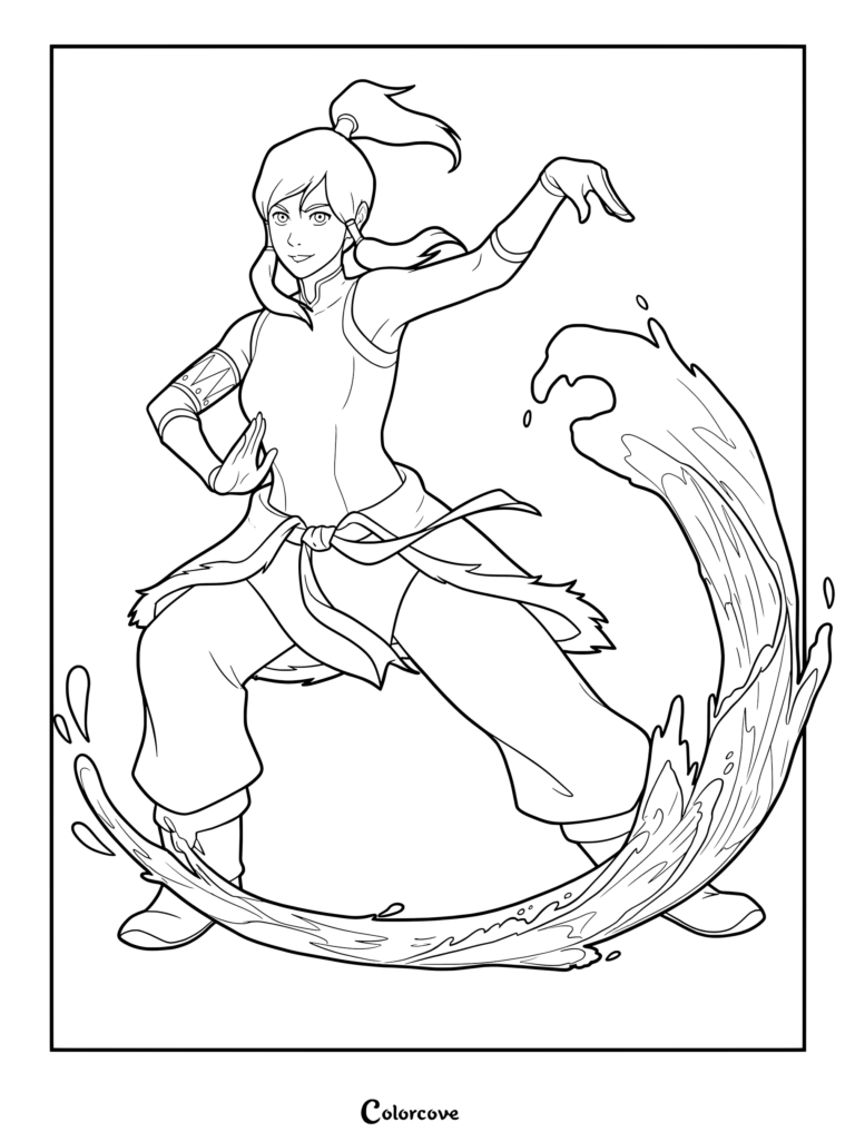 Korra performing a waterbending stance with a swirling water wave in this detailed printable coloring page.