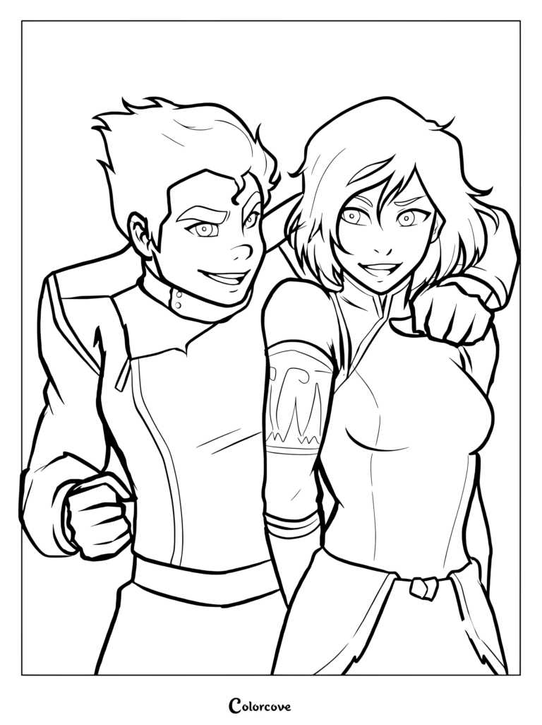 Korra and Bolin from The Legend of Korra standing side by side in a printable coloring page format with bold outlines.