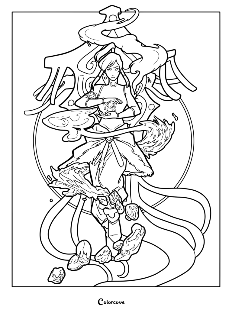 Korra in Avatar State with glowing eyes surrounded by swirling elements of water, fire, and earth in this detailed line art coloring page.