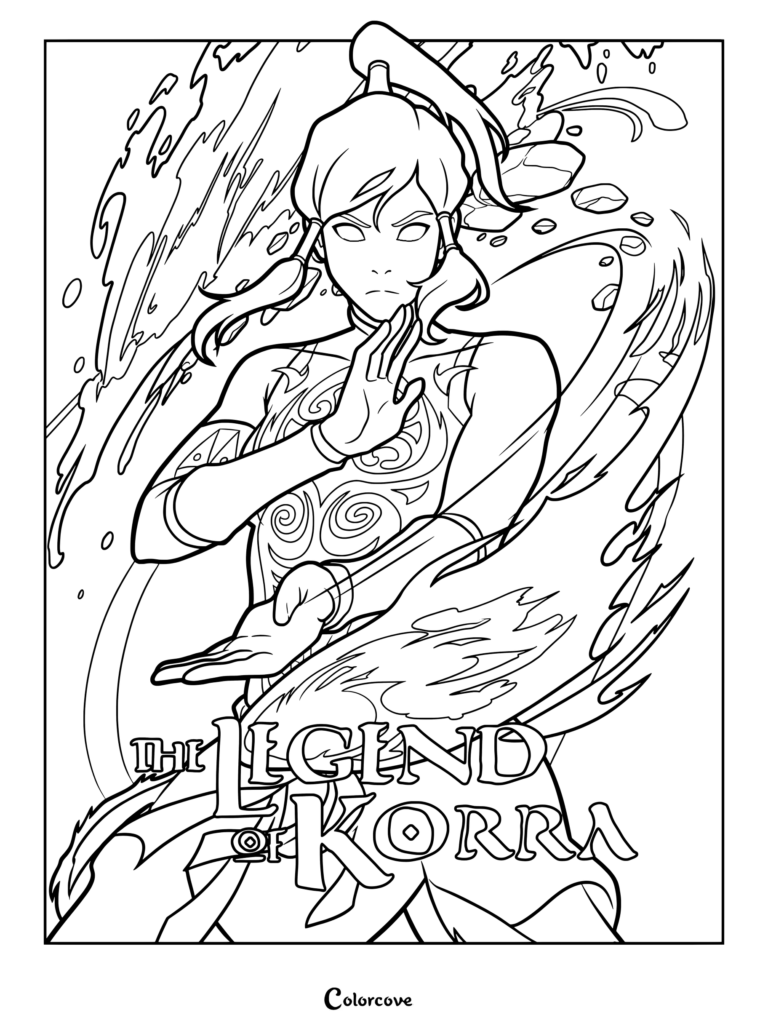 Korra in Avatar State with glowing eyes and swirling water elements in this detailed printable coloring page.