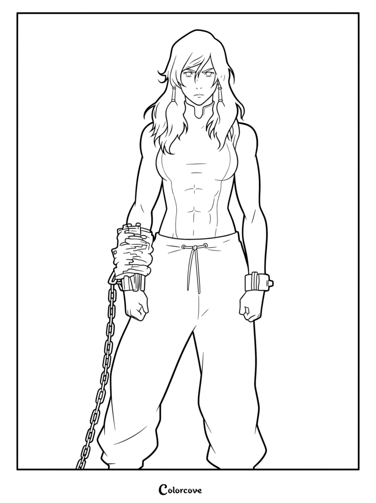 Korra in Avatar State breaking shackles coloring page featuring the powerful bender with flowing hair and metal cuffs.