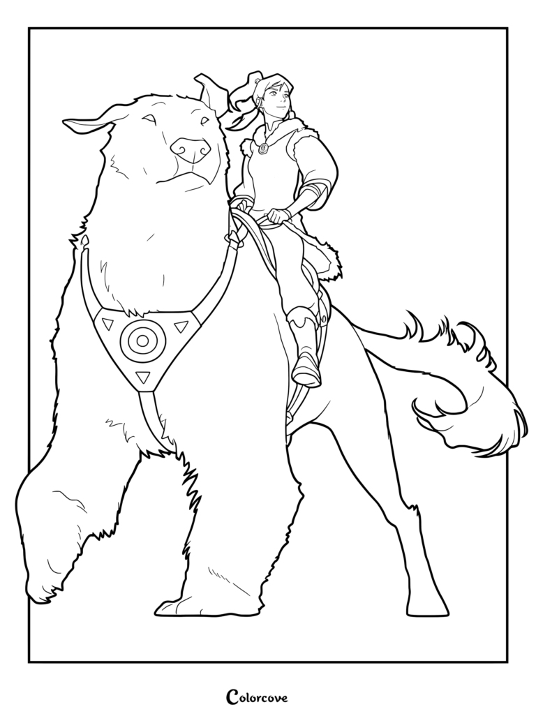 Korra riding her loyal polar bear dog companion, Naga, in this detailed line art coloring page.