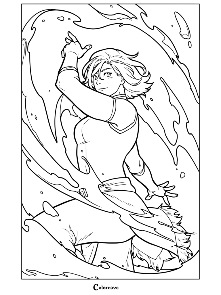 Korra waterbending in a dynamic pose with flowing water surrounding her in this detailed printable coloring page.