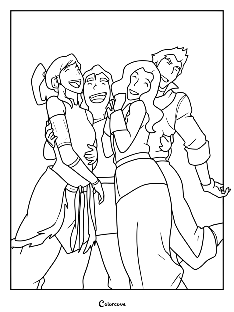 Line art coloring page featuring Korra, Mako, Bolin, and Asami Sato laughing and huddled together in a group hug.