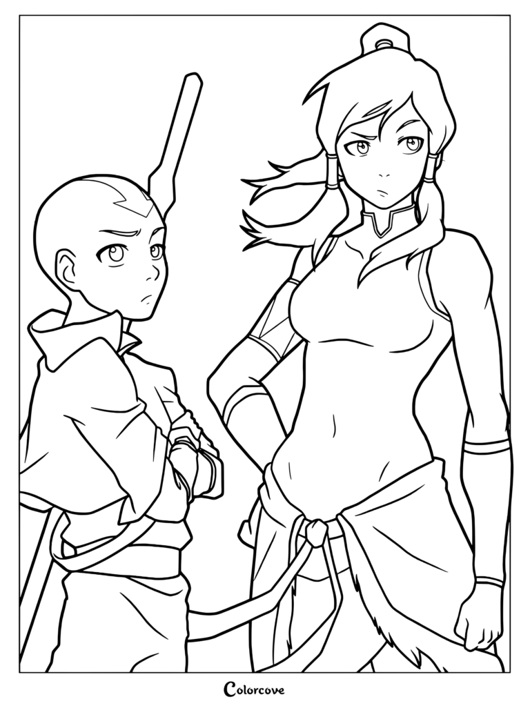 Aang and Korra standing side by side in a detailed line art coloring page.