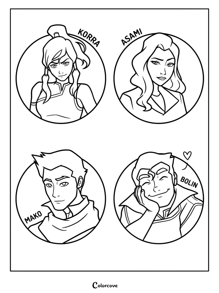 Line art coloring page featuring circular portraits of Korra, Asami, Mako, and Bolin from The Legend of Korra.