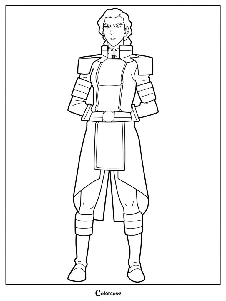 Kuvira standing in her Earth Empire military uniform, a detailed coloring page of the Legend of Korra character.